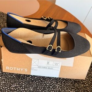 Rothy's Black Knit Double-Strap Flats with Gold Buckles